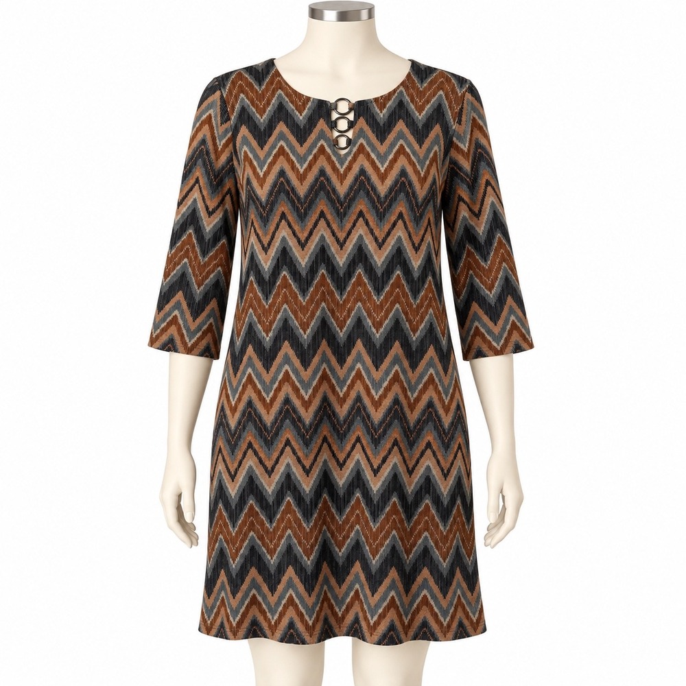 Tacera Women Brown Chevron Zigzag Keyhole Shift Dress PL 10500HPT